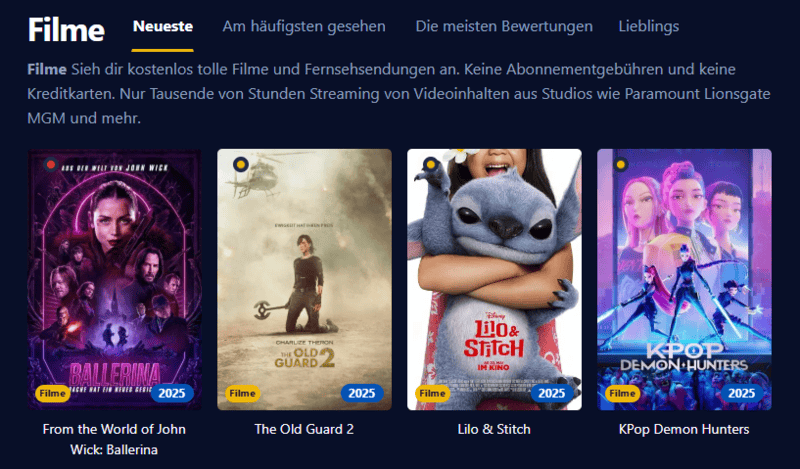 Ansicht der Oberfläche von Einschalten die eine zeitgemäße Streaming Plattform mit Filmen und Serien zeigt